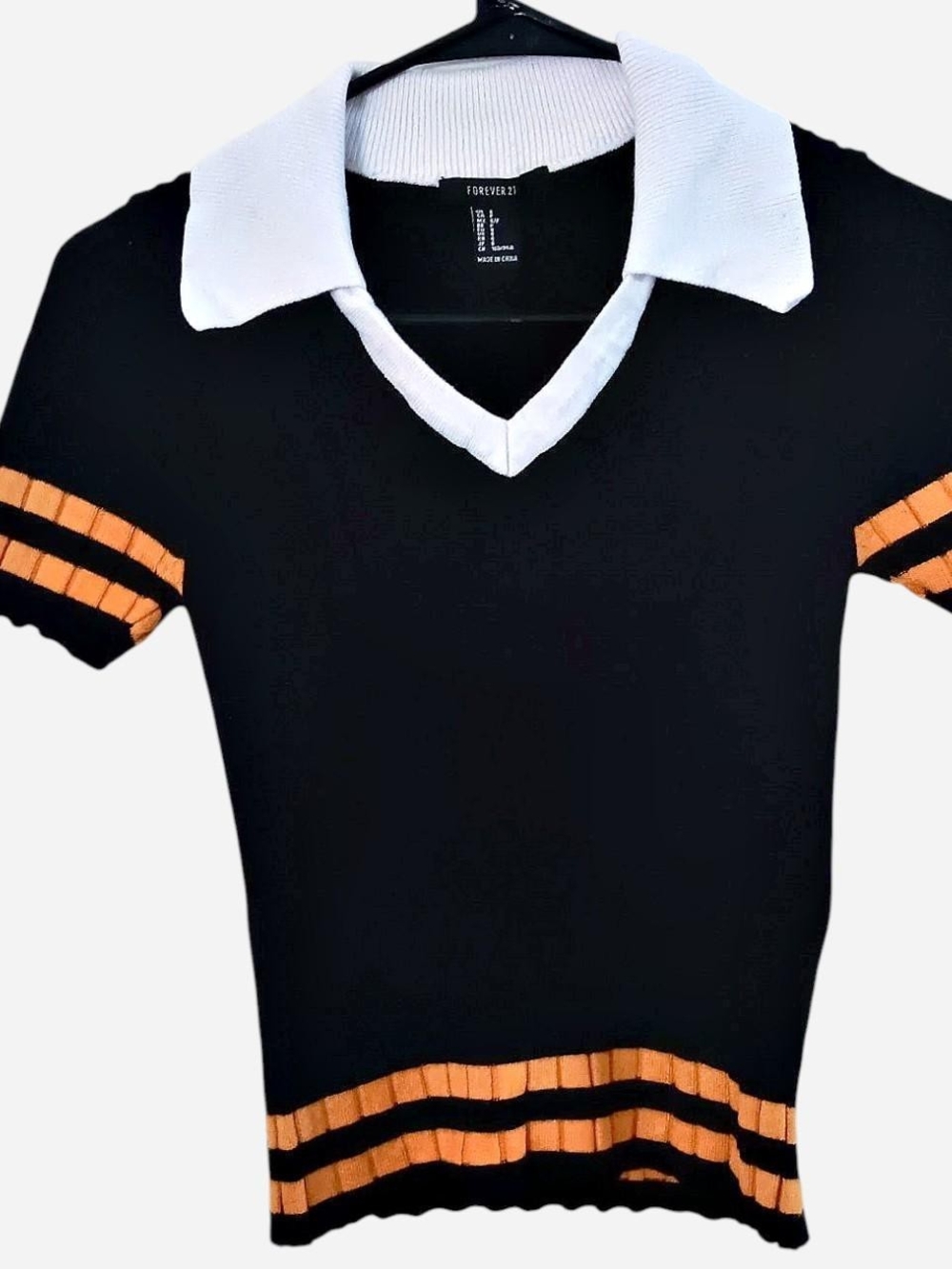 Forever 21 Black Knit Crop Top with White Collar and Orange Stripes